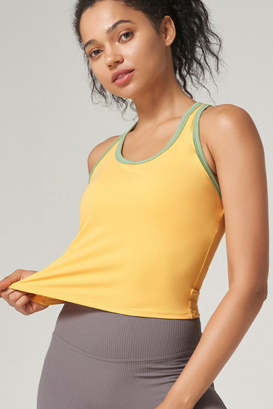 PACK264792-P107-1, Yellow Cream Sleeveless Color Block Trim Racerback Active Tank Top