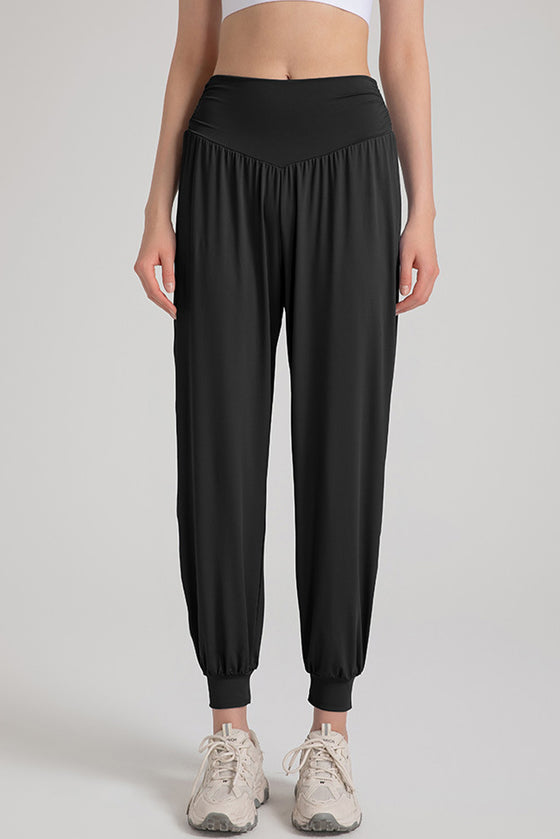 PACK265567-P2-1, Black Solid Color High Waist Active Harem Pants
