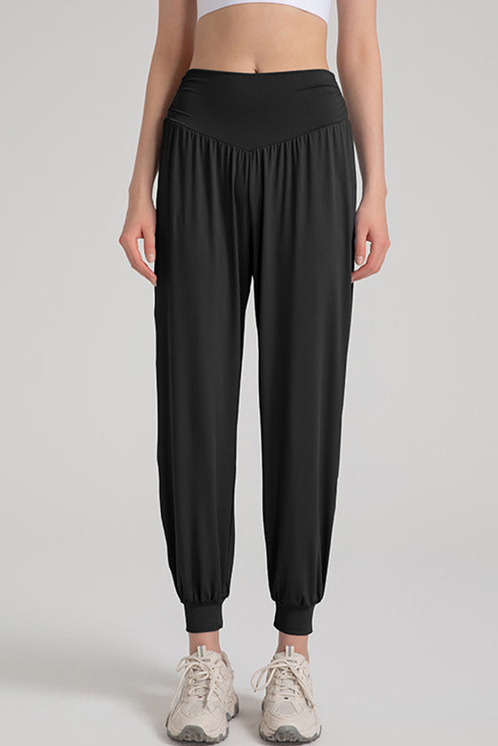 PACK265567-P2-1, Black Solid Color High Waist Active Harem Pants