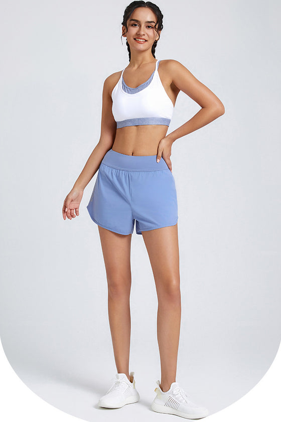 PACK265566-P304-1, Sky Blue Running High Waist Fake Two Piece Sports Shorts