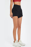 PACK265563-P2-1, Black Solid Color Ruched High Waist Fake Two Piece Active Shorts