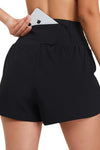 PACK265563-P2-1, Black Solid Color Ruched High Waist Fake Two Piece Active Shorts