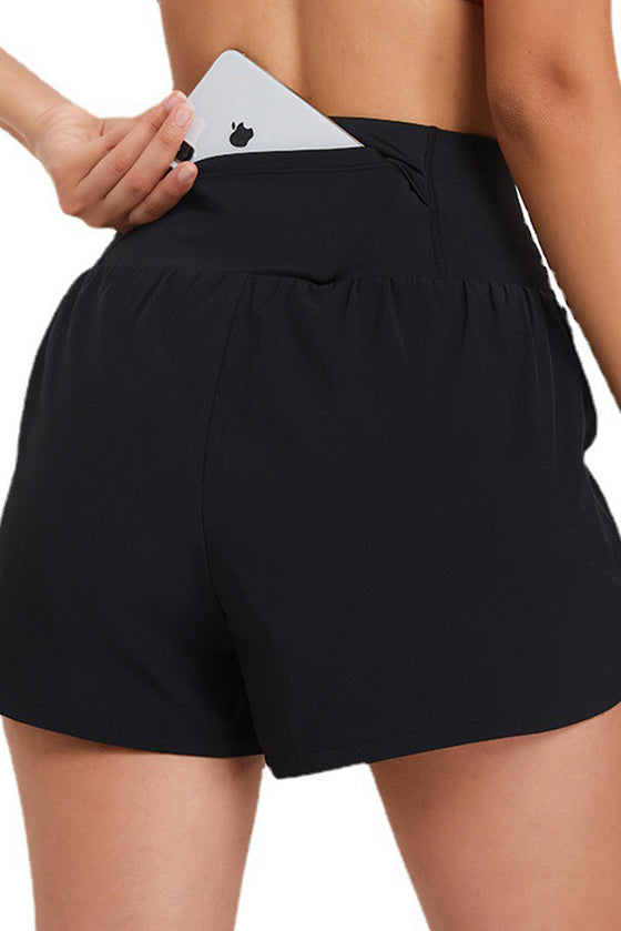 PACK265563-P2-1, Black Solid Color Ruched High Waist Fake Two Piece Active Shorts