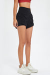 PACK265563-P2-1, Black Solid Color Ruched High Waist Fake Two Piece Active Shorts