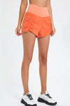 PACK265563-P14-1, Orange Solid Color Ruched High Waist Fake Two Piece Active Shorts
