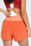 PACK265563-P14-1, Orange Solid Color Ruched High Waist Fake Two Piece Active Shorts