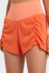 PACK265563-P14-1, Orange Solid Color Ruched High Waist Fake Two Piece Active Shorts
