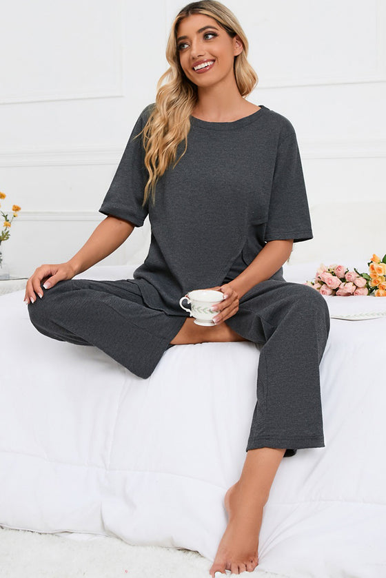 PACK15982-P2011-1, Dark Grey Half Sleeve Split Tee Wide Leg Pants Lounge Set