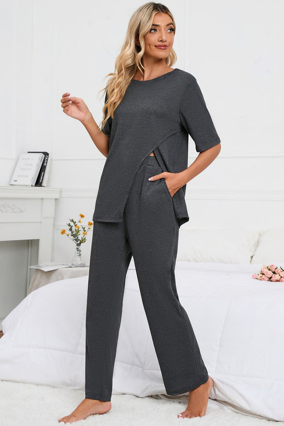 PACK15982-P2011-1, Dark Grey Half Sleeve Split Tee Wide Leg Pants Lounge Set