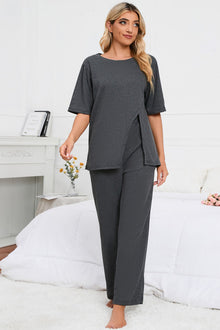  PACK15982-P2011-1, Dark Grey Half Sleeve Split Tee Wide Leg Pants Lounge Set