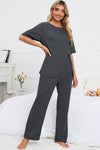 PACK15982-P2011-1, Dark Grey Half Sleeve Split Tee Wide Leg Pants Lounge Set