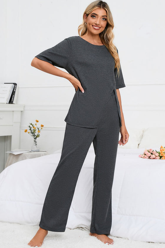 PACK15982-P2011-1, Dark Grey Half Sleeve Split Tee Wide Leg Pants Lounge Set