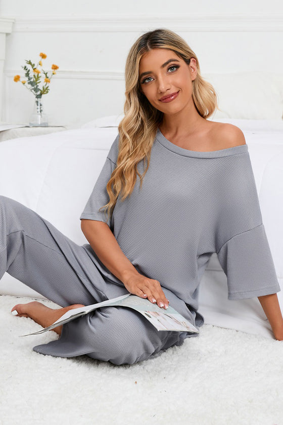 PACK15983-P1011-1, Light Grey Solid Half Sleeve Tee and Pants Lounge Set