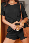 PACK15989-P2-1, Black Jacquard Short Sleeve Top and Drawstring Shorts Set