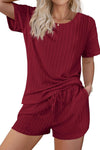 PACK15989-P503-1, Burgundy Jacquard Short Sleeve Top and Drawstring Shorts Set