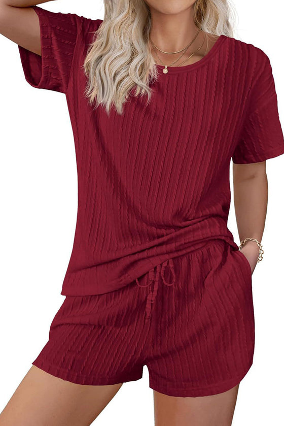 PACK15989-P503-1, Burgundy Jacquard Short Sleeve Top and Drawstring Shorts Set