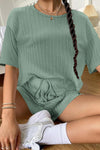 PACK15989-P509-1, Mist Green Jacquard Short Sleeve Top and Drawstring Shorts Set