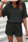 PACK15990-P2-1, Black Crinkle Textured V Neck Tee and Shorts Set