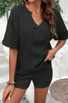 PACK15990-P2-1, Black Crinkle Textured V Neck Tee and Shorts Set