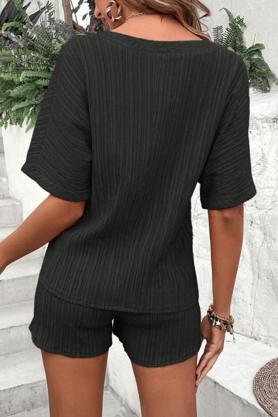 PACK15990-P2-1, Black Crinkle Textured V Neck Tee and Shorts Set
