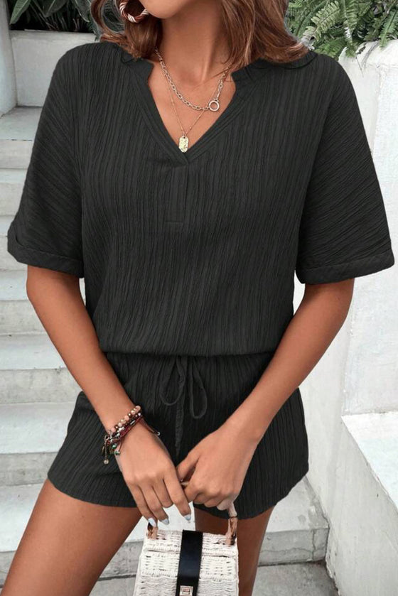 PACK15990-P2-1, Black Crinkle Textured V Neck Tee and Shorts Set