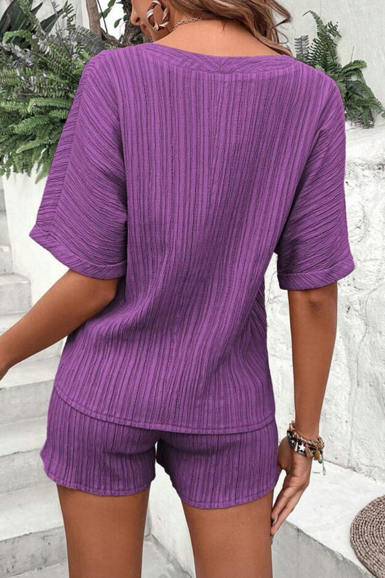 PACK15990-P208-1, Wisteria Crinkle Textured V Neck Tee and Shorts Set