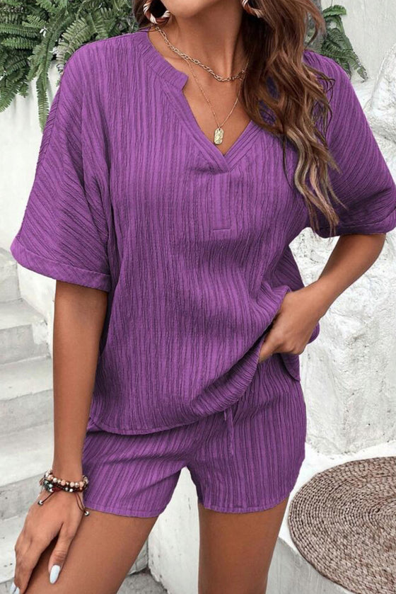 PACK15990-P208-1, Wisteria Crinkle Textured V Neck Tee and Shorts Set