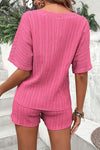 PACK15990-P406-1, Sachet Pink Crinkle Textured V Neck Tee and Shorts Set