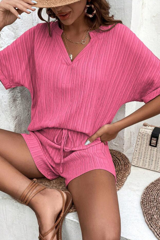 PACK15990-P406-1, Sachet Pink Crinkle Textured V Neck Tee and Shorts Set