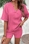 PACK15990-P406-1, Sachet Pink Crinkle Textured V Neck Tee and Shorts Set