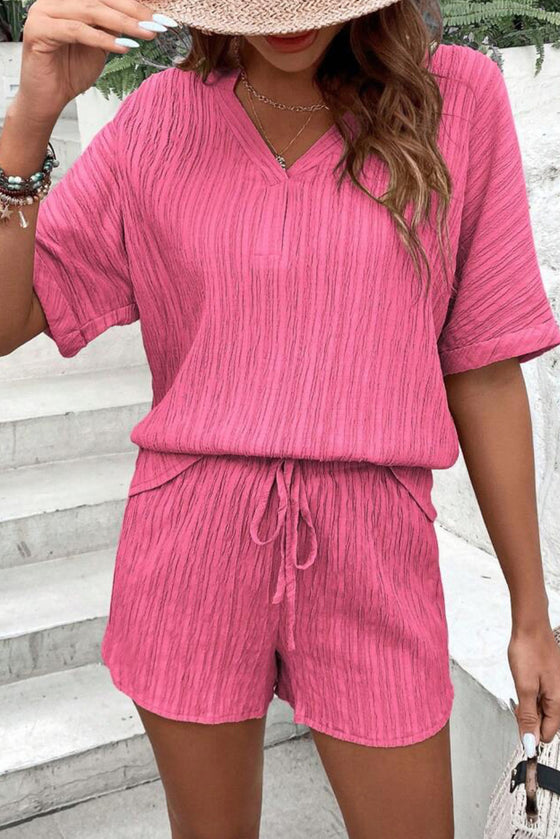 PACK15990-P406-1, Sachet Pink Crinkle Textured V Neck Tee and Shorts Set