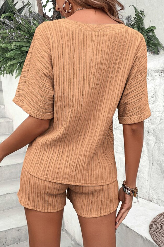 PACK15990-P507-1, Buckskin Crinkle Textured V Neck Tee and Shorts Set