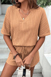 PACK15990-P507-1, Buckskin Crinkle Textured V Neck Tee and Shorts Set