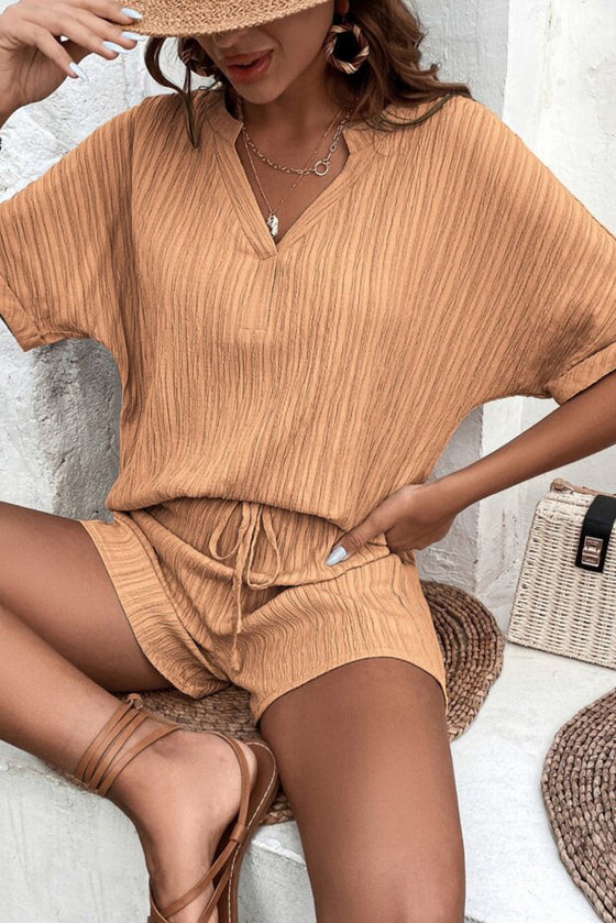 PACK15990-P507-1, Buckskin Crinkle Textured V Neck Tee and Shorts Set