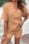 PACK15990-P507-1, Buckskin Crinkle Textured V Neck Tee and Shorts Set