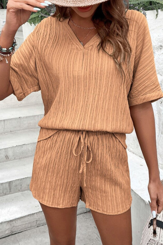 PACK15990-P507-1, Buckskin Crinkle Textured V Neck Tee and Shorts Set