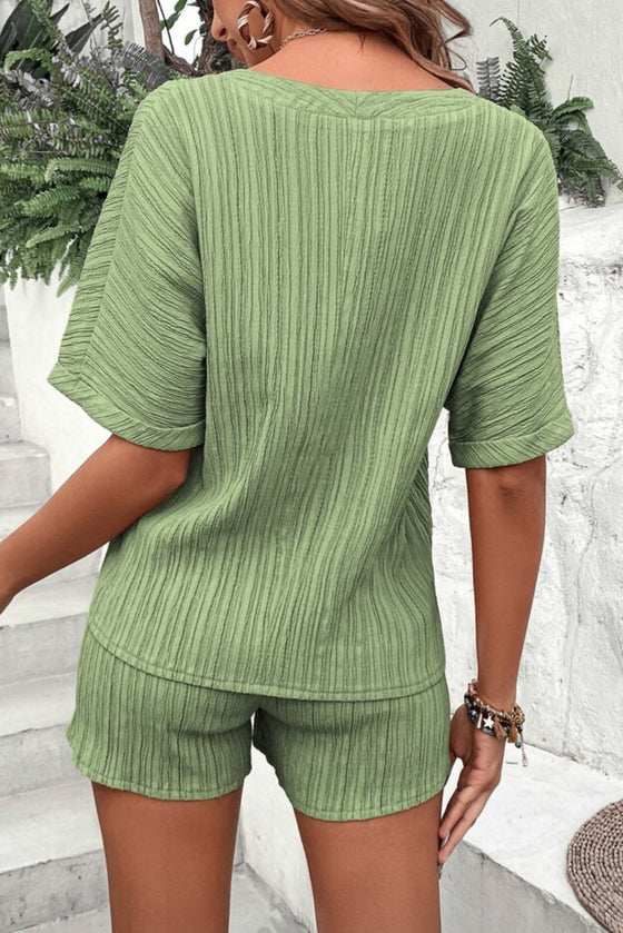 PACK15990-P1109-1, Grass Green Crinkle Textured V Neck Tee and Shorts Set