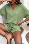 PACK15990-P1109-1, Grass Green Crinkle Textured V Neck Tee and Shorts Set