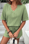 PACK15990-P1109-1, Grass Green Crinkle Textured V Neck Tee and Shorts Set