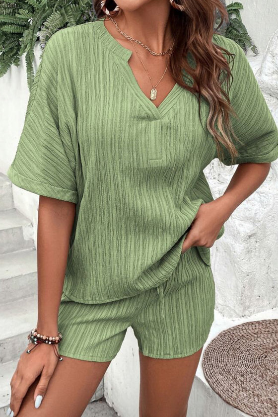 PACK15990-P1109-1, Grass Green Crinkle Textured V Neck Tee and Shorts Set