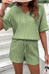 PACK15990-P1109-1, Grass Green Crinkle Textured V Neck Tee and Shorts Set