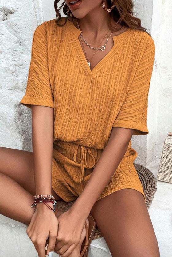 PACK15990-P2014-1, Vitality Orange Crinkle Textured V Neck Tee and Shorts Set