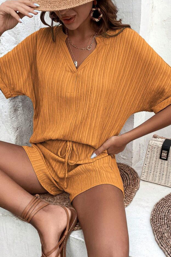 PACK15990-P2014-1, Vitality Orange Crinkle Textured V Neck Tee and Shorts Set