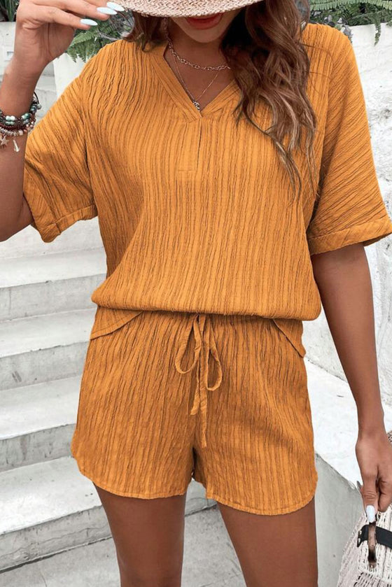 PACK15990-P2014-1, Vitality Orange Crinkle Textured V Neck Tee and Shorts Set