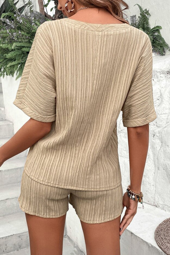 PACK15990-P6016-1, Parchment Crinkle Textured V Neck Tee and Shorts Set