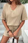 PACK15990-P6016-1, Parchment Crinkle Textured V Neck Tee and Shorts Set