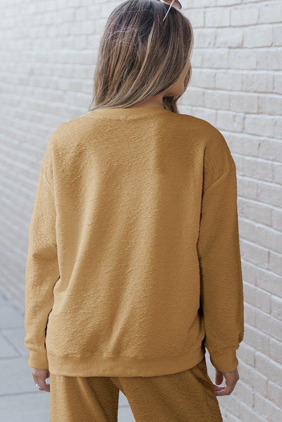 PACK625530-P4016-1, Light French Beige Textured Long Sleeve Top Drawstring Pants Set