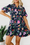 PACK6119009-P220-1, Black Floral Short Bubble Sleeve Button Mandarin Collar Dress
