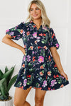 PACK6119009-P220-1, Black Floral Short Bubble Sleeve Button Mandarin Collar Dress