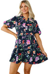 PACK6119009-P220-1, Black Floral Short Bubble Sleeve Button Mandarin Collar Dress